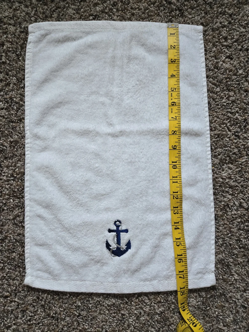 Serafina Nautical White Bathroom Fingertip Towels, Navy Anchor, Set of 2, 12x18
